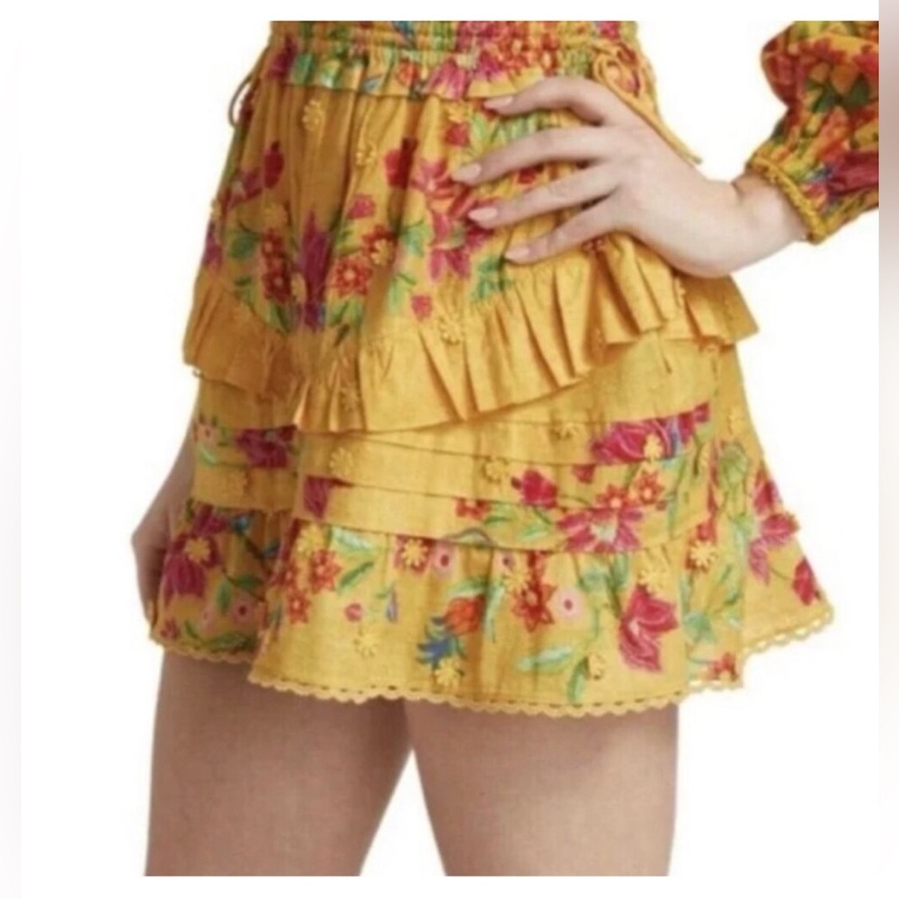 FARM Rio Women’s XS Burnt Yellow "Flower Dream" Tiered Floral Cotton Mini-Skirt - Picture 2 of 9